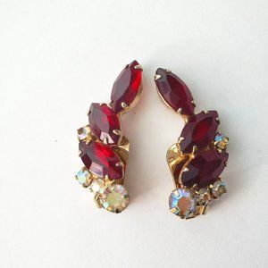 Vintage Red Swarovski Crystal Ear Hugging Clip On Earrings